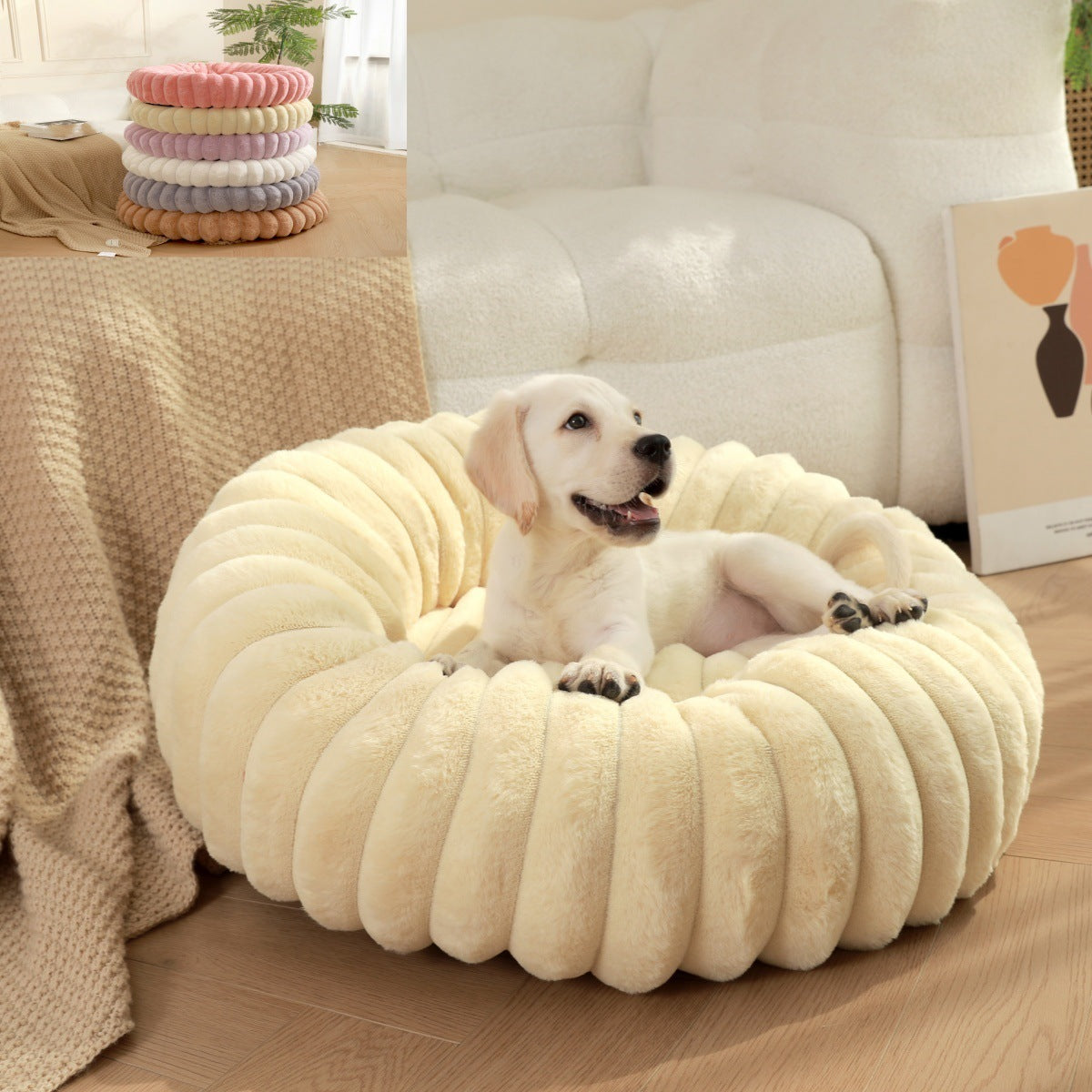 Pet Plush Round Winter Bed Warm Long Hair Nest Kennel Mat