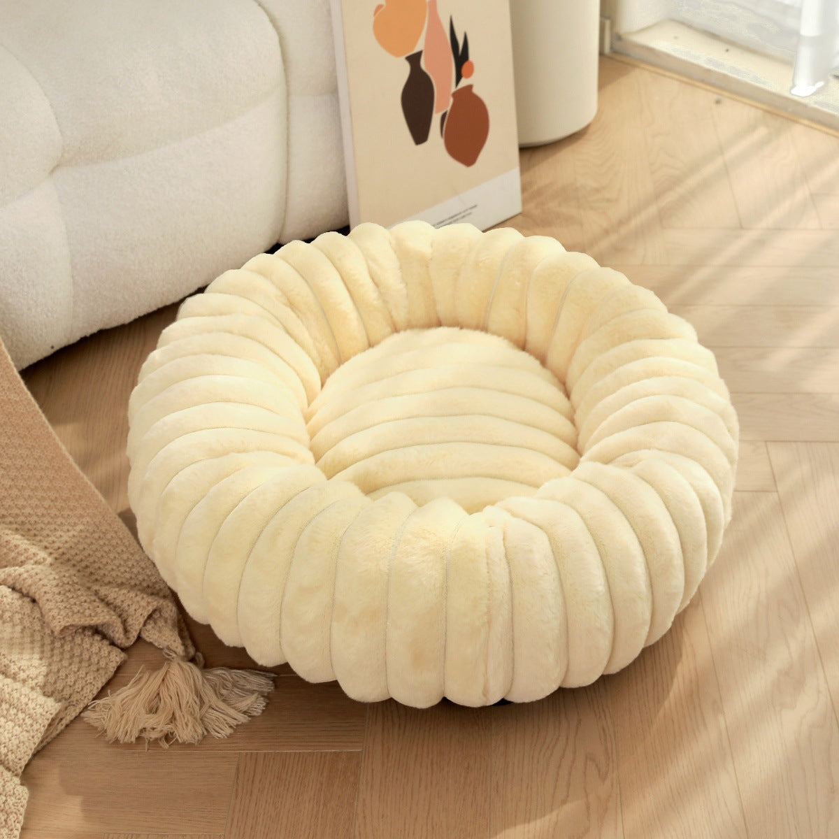 Pet Plush Round Winter Bed Warm Long Hair Nest Kennel Mat
