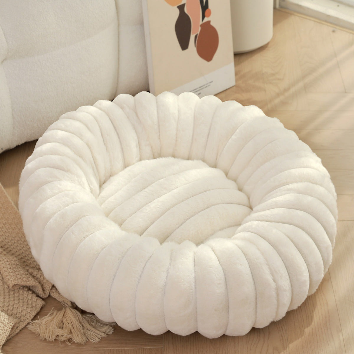 Pet Plush Round Winter Bed Warm Long Hair Nest Kennel Mat