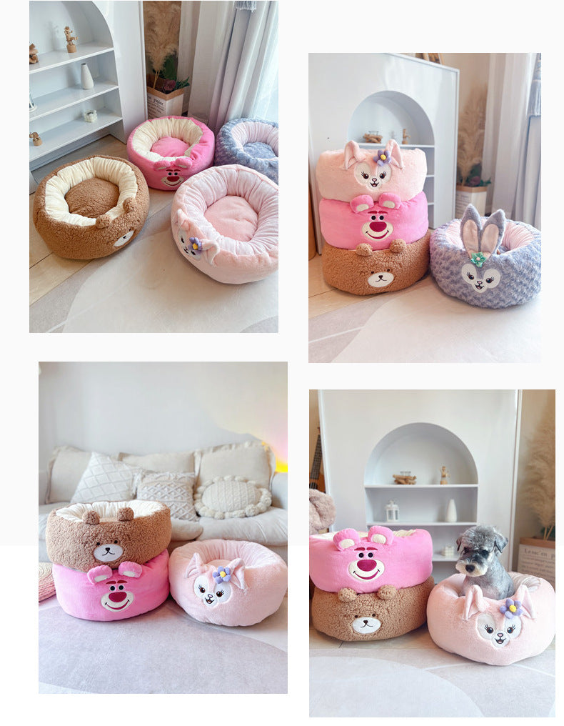 Pet Plush Round Bed Cartoon Style Warm Seasonal Cushion Nest