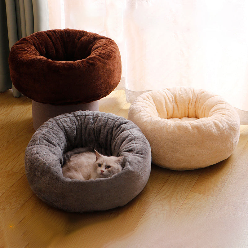 Pet Donut Plush Bed Warm Fluffy Round Cushion Kennel Mat