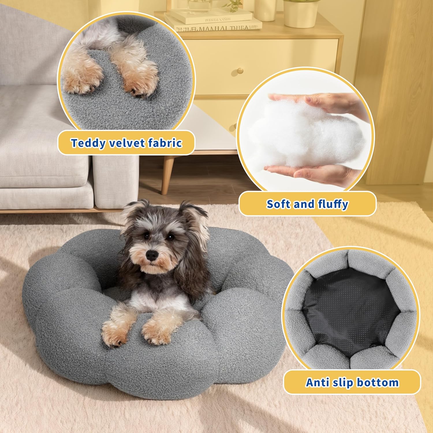 Calming Pet Bed Fluffy Flower Plush Sherpa Donut Washable