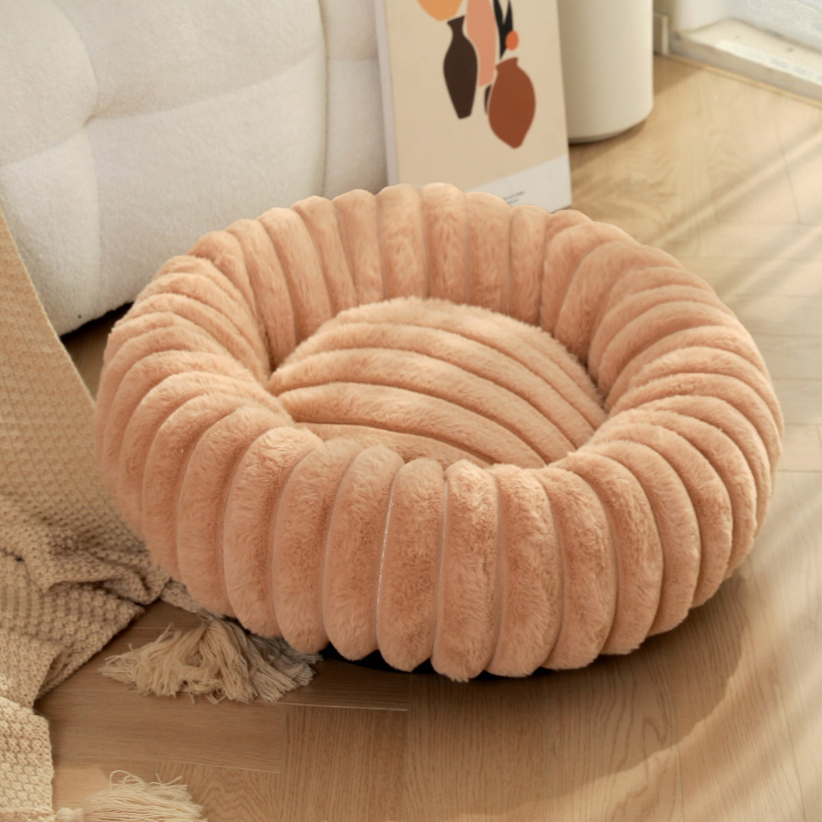 Pet Plush Round Winter Bed Warm Long Hair Nest Kennel Mat