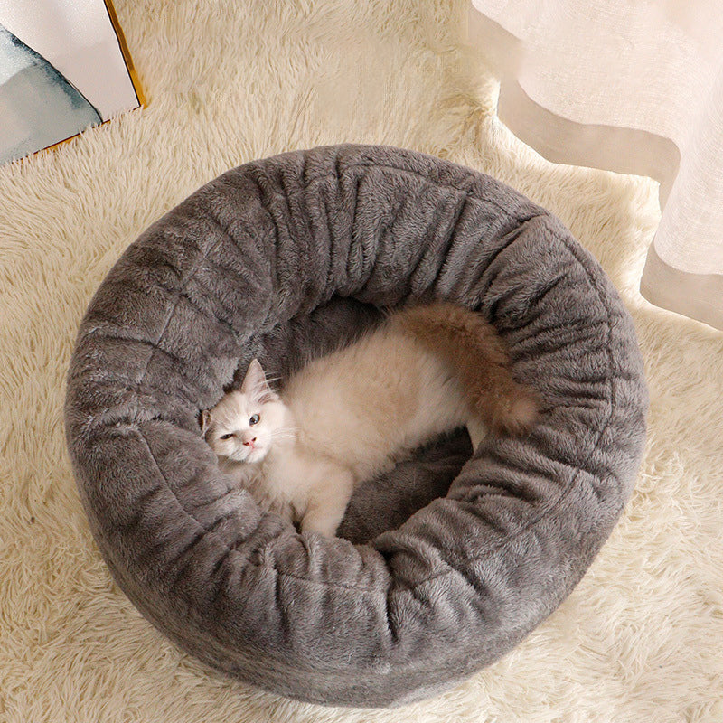 Pet Donut Plush Bed Warm Fluffy Round Cushion Kennel Mat