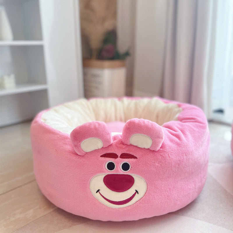 Pet Plush Round Bed Cartoon Style Warm Seasonal Cushion Nest