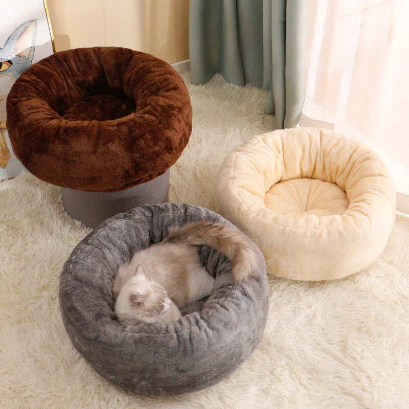 Pet Donut Plush Bed Warm Fluffy Round Cushion Kennel Mat