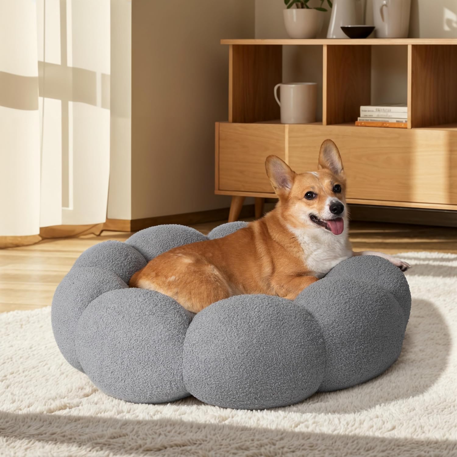 Calming Pet Bed Fluffy Flower Plush Sherpa Donut Washable