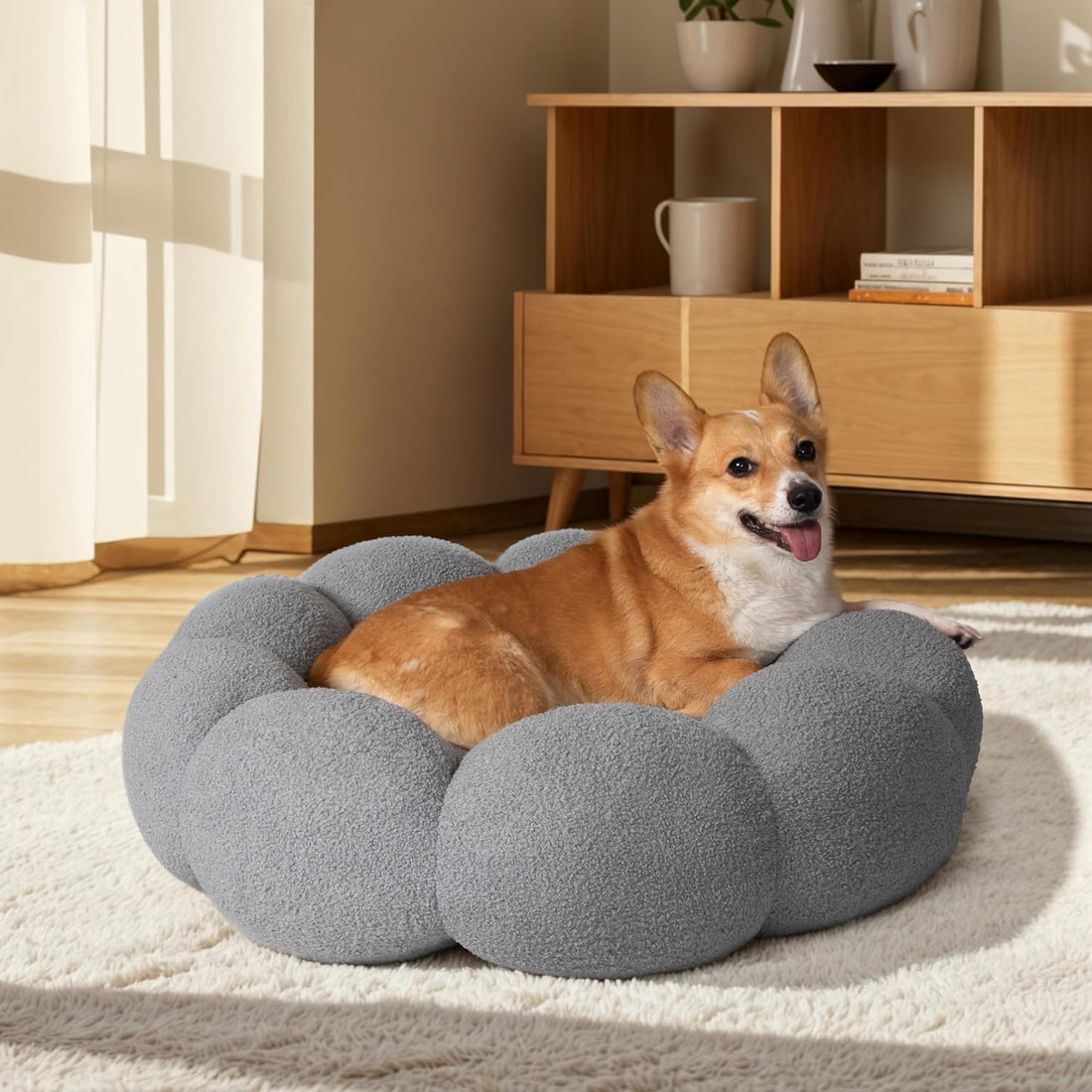 Calming Pet Bed Fluffy Flower Plush Sherpa Donut Washable