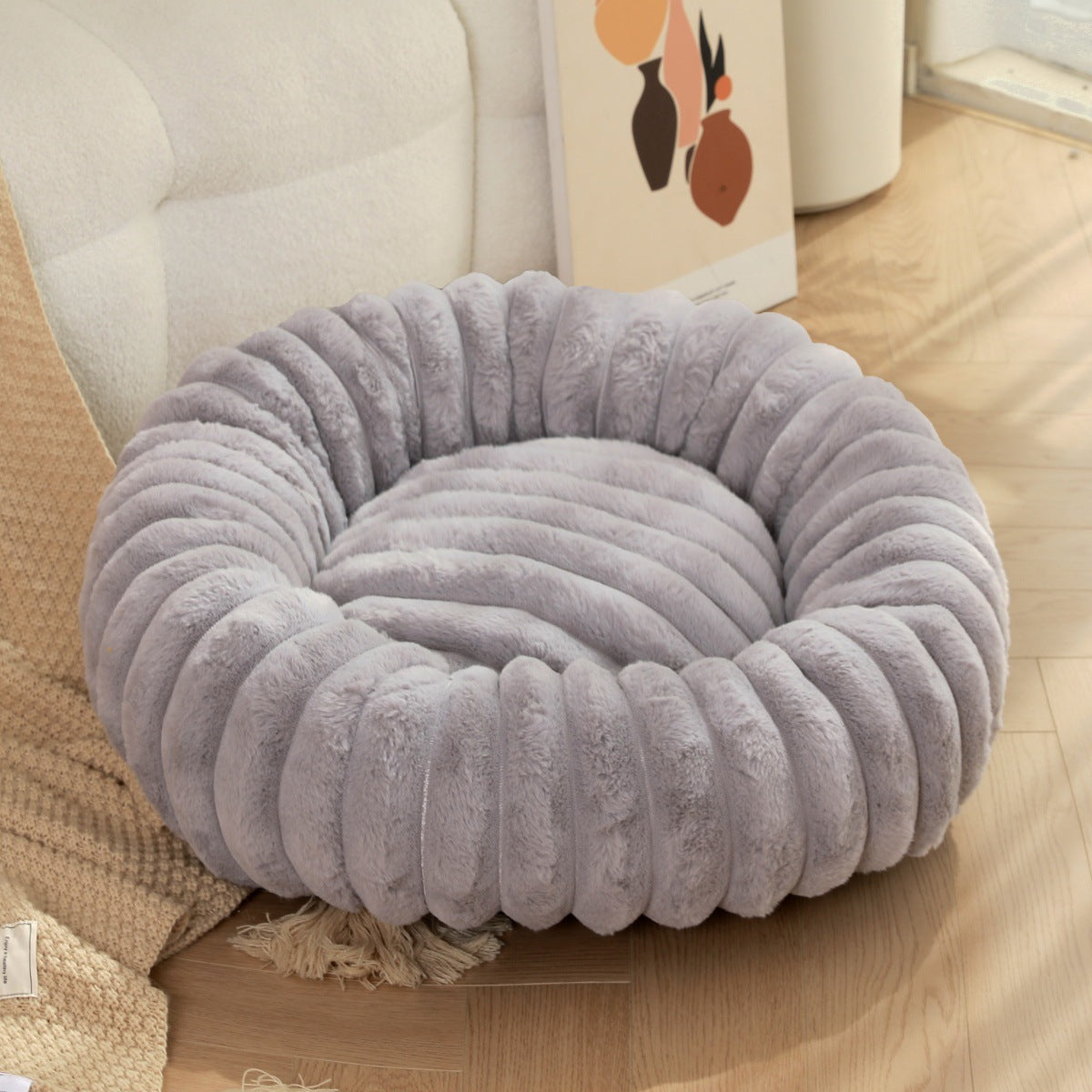 Pet Plush Round Winter Bed Warm Long Hair Nest Kennel Mat