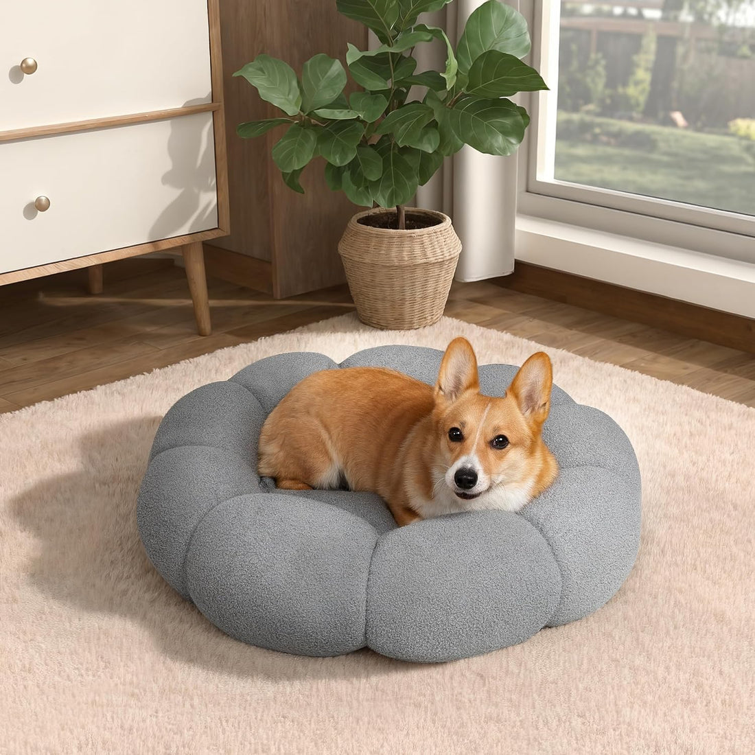 Calming Pet Bed Fluffy Flower Plush Sherpa Donut Washable