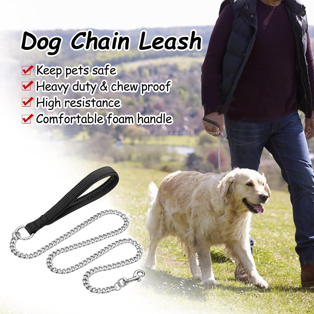 Heavy Duty Metal Chew Proof Pet Chain Leash Padded Handle
