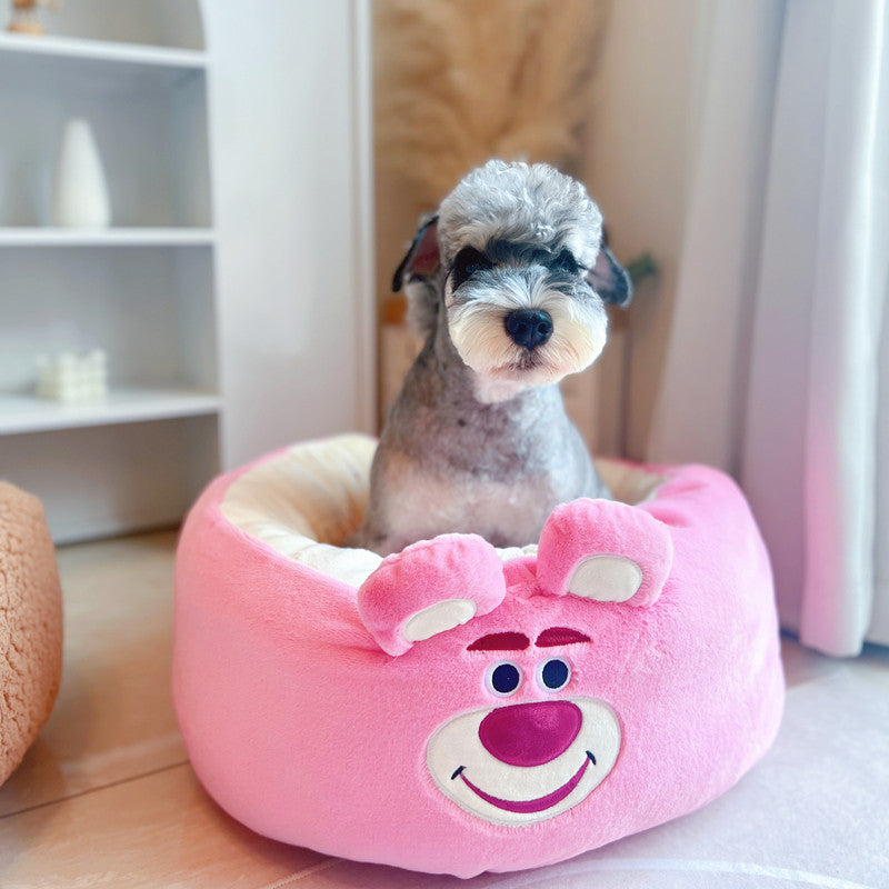 Pet Plush Round Bed Cartoon Style Warm Seasonal Cushion Nest