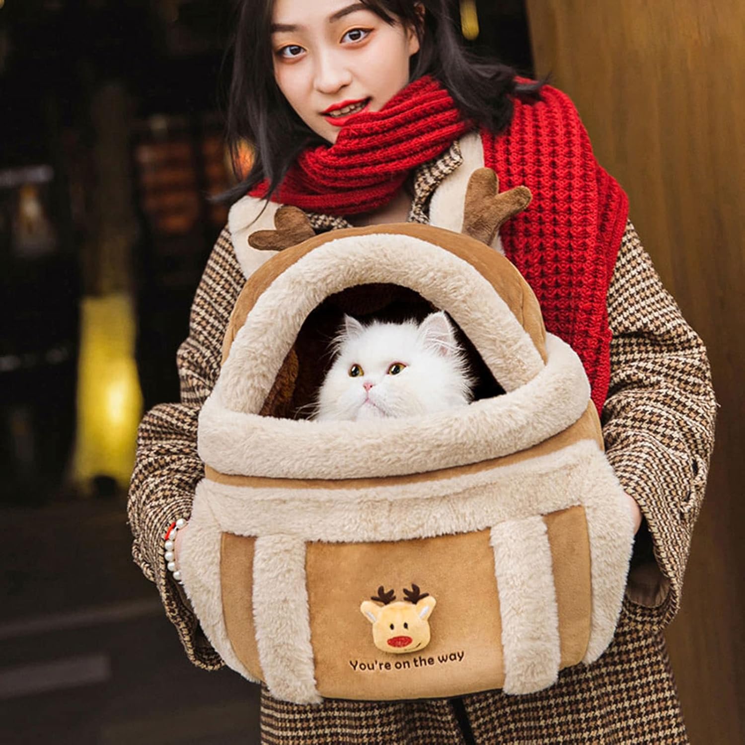 Winter Plush Pet Travel Backpack Carrier Hand Warmer Bag