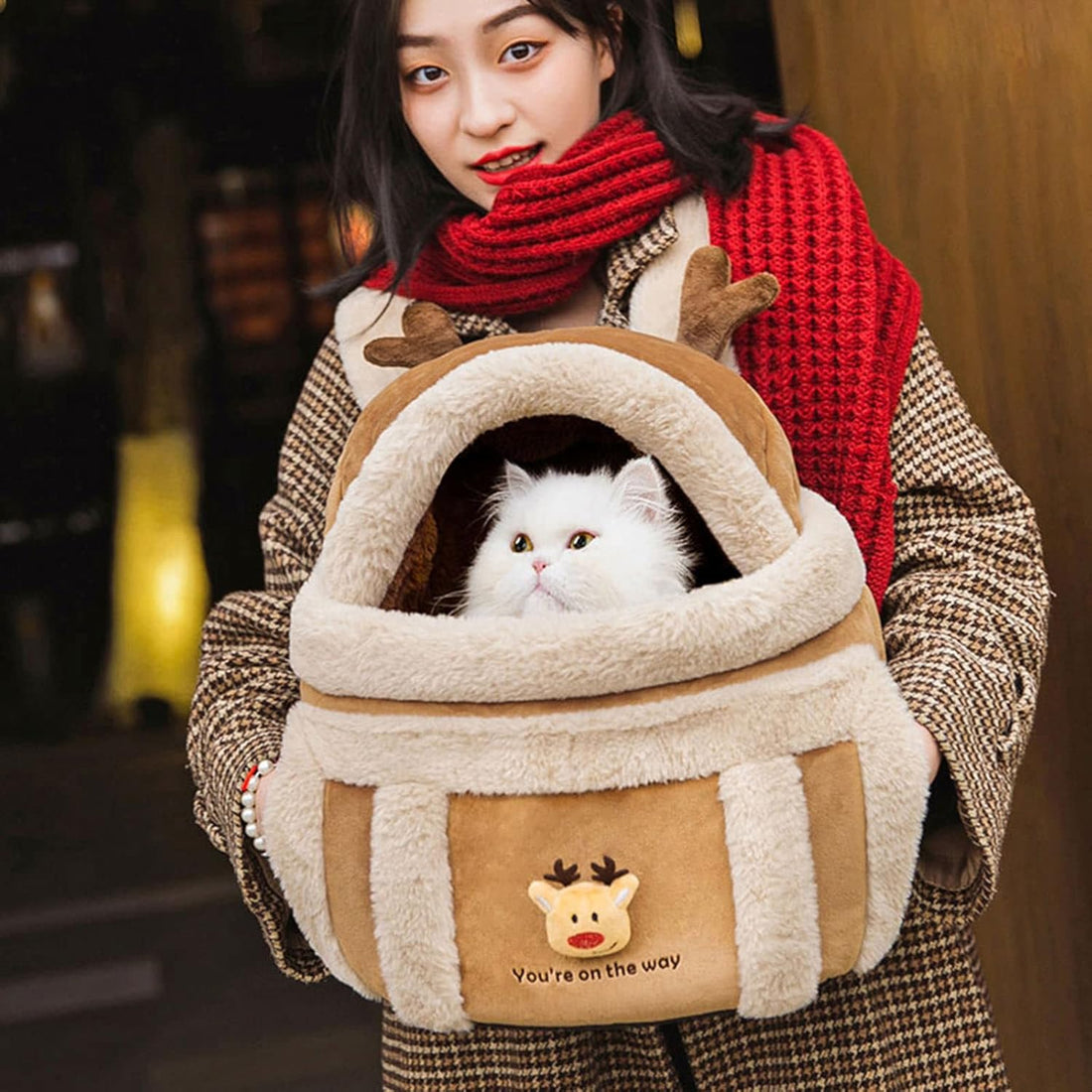 Winter Plush Pet Travel Backpack Carrier Hand Warmer Bag