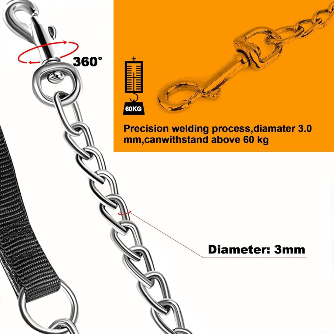 Heavy Duty Metal Chew Proof Pet Chain Leash Padded Handle