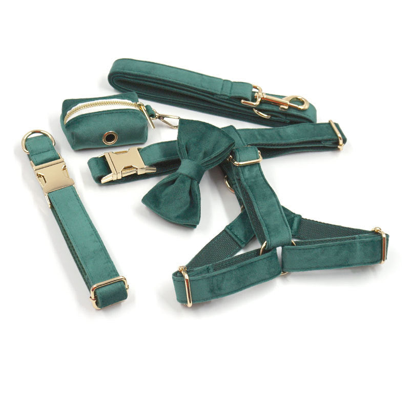 Green Velvet Pet Durable Adjustable Collar Leash Set
