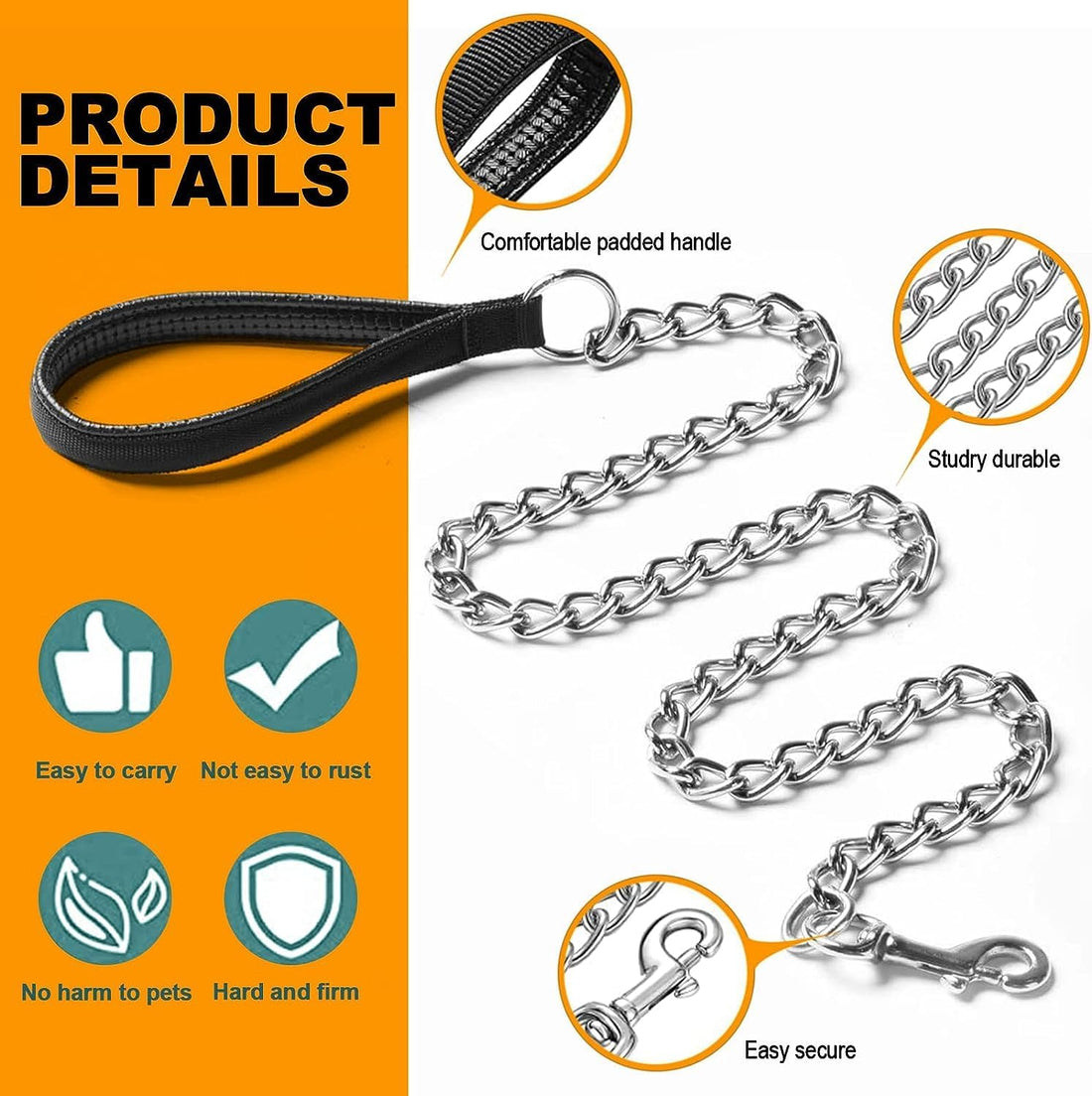 Heavy Duty Metal Chew Proof Pet Chain Leash Padded Handle