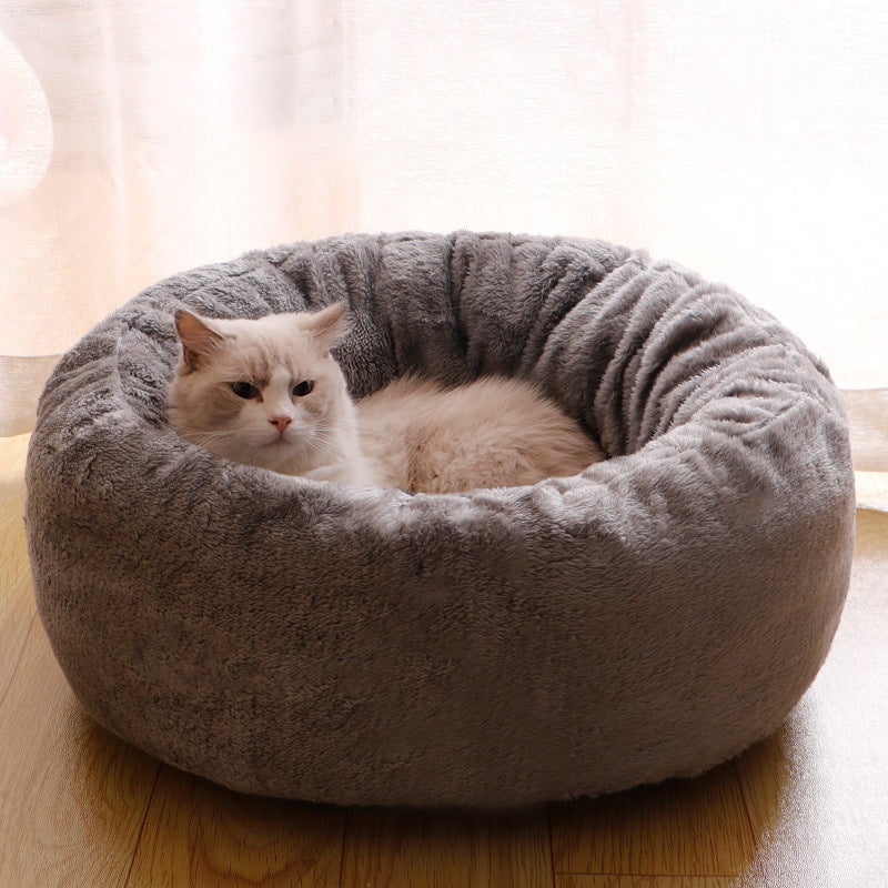 Pet Donut Plush Bed Warm Fluffy Round Cushion Kennel Mat