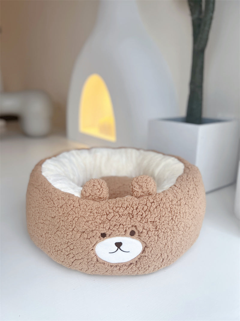 Pet Plush Round Bed Cartoon Style Warm Seasonal Cushion Nest