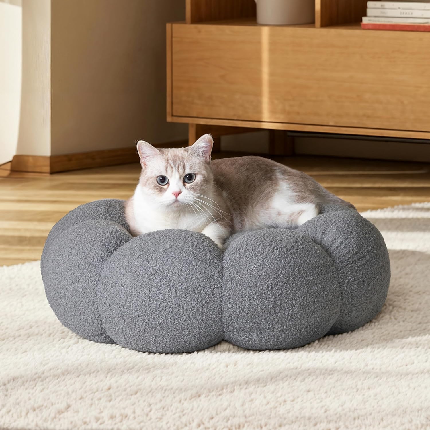 Calming Pet Bed Fluffy Flower Plush Sherpa Donut Washable