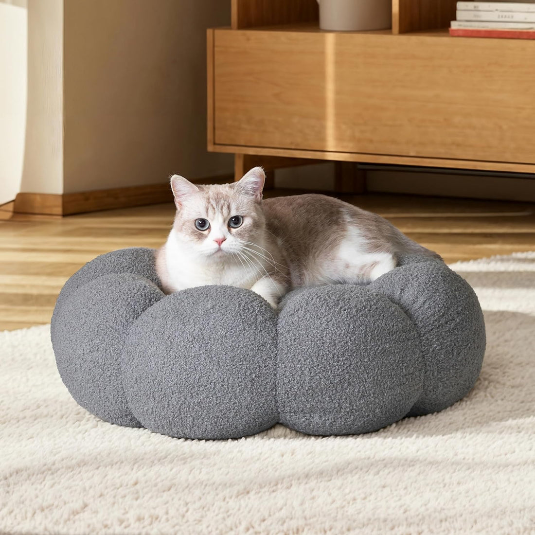 Calming Pet Bed Fluffy Flower Plush Sherpa Donut Washable